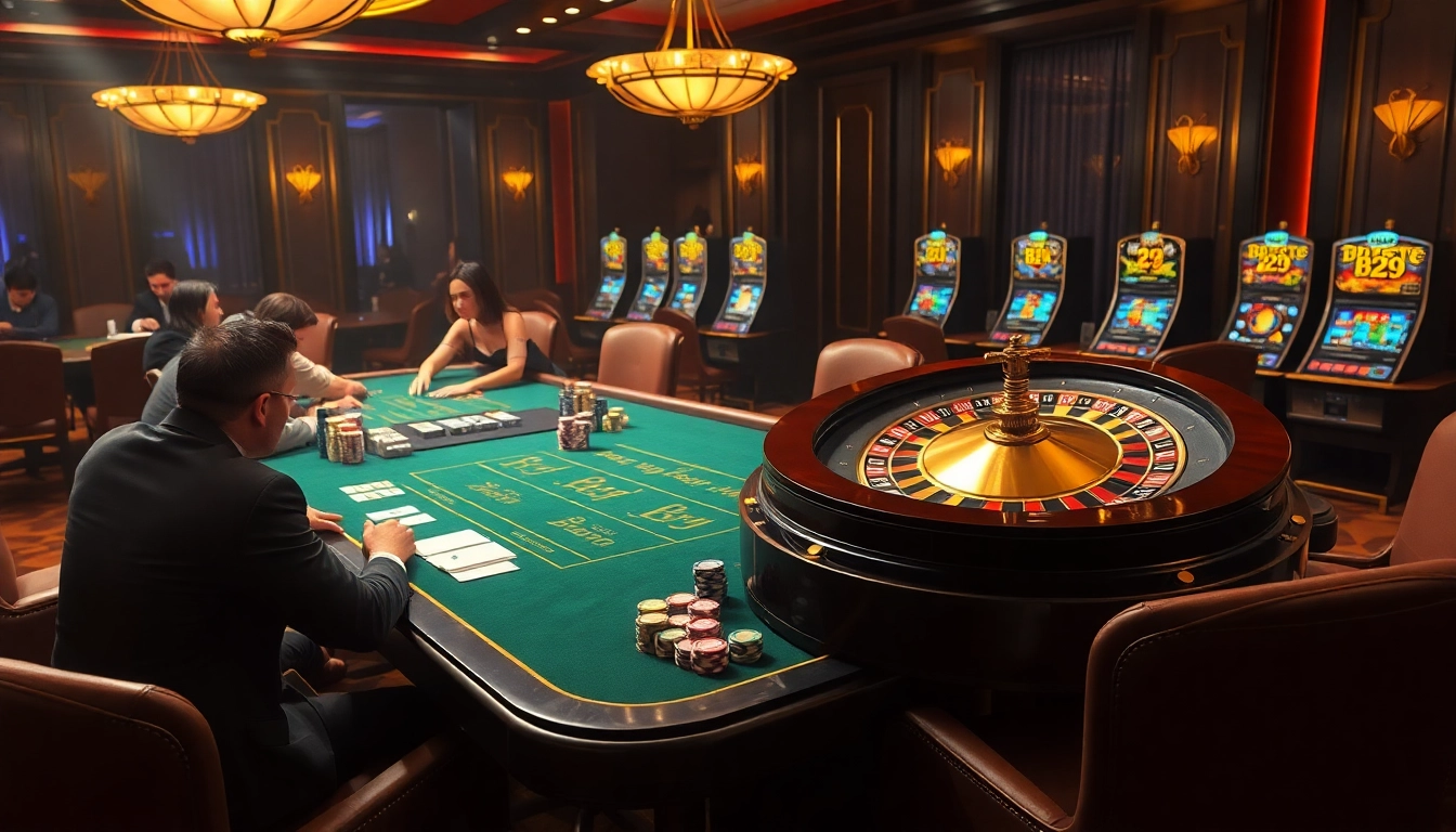 B29 casino players engaging at tables with cards and chips under luxurious ambient lighting.