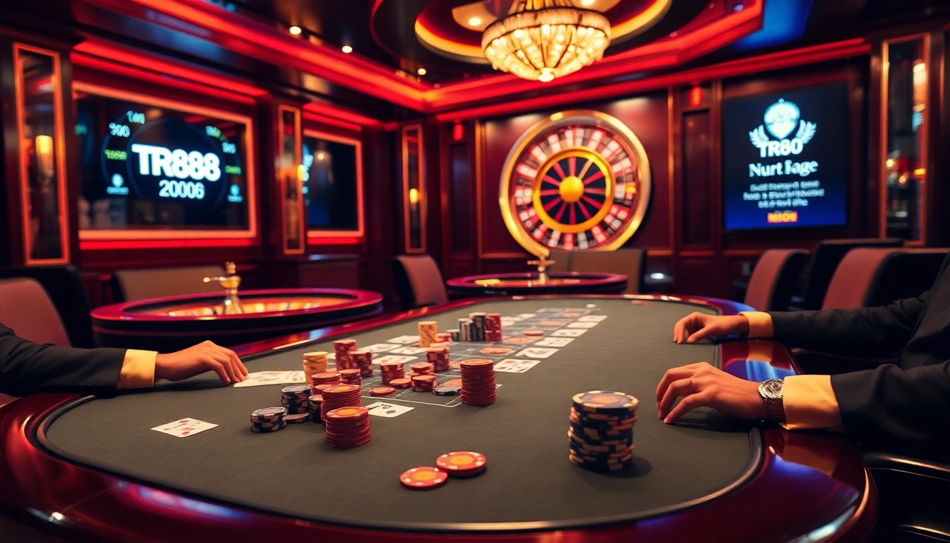 Play at the TR88 poker table in a luxurious casino atmosphere filled with excitement and professional gameplay.