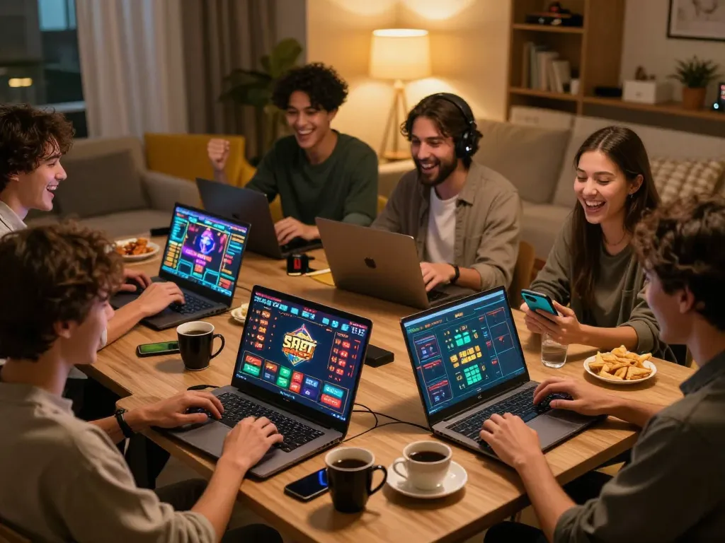 Players engaging with SHBET casino games on laptops in a vibrant home setting.