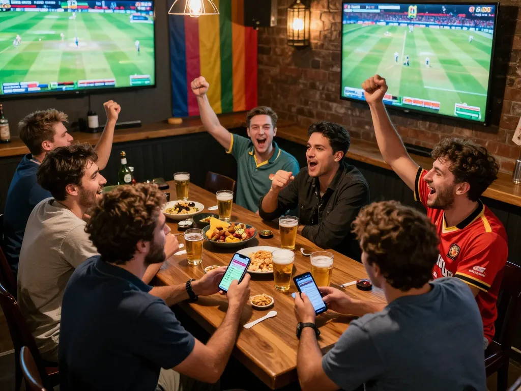 Engaged friends at KKBD sports betting, enthusiastically placing bets on a cricket match.
