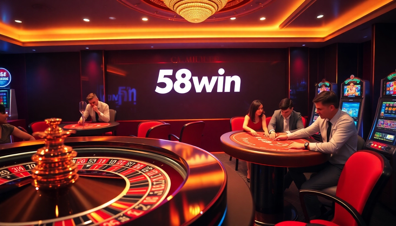 Exciting gameplay at 58win's luxurious casino tables with roulette, poker, and vibrant slot machines.