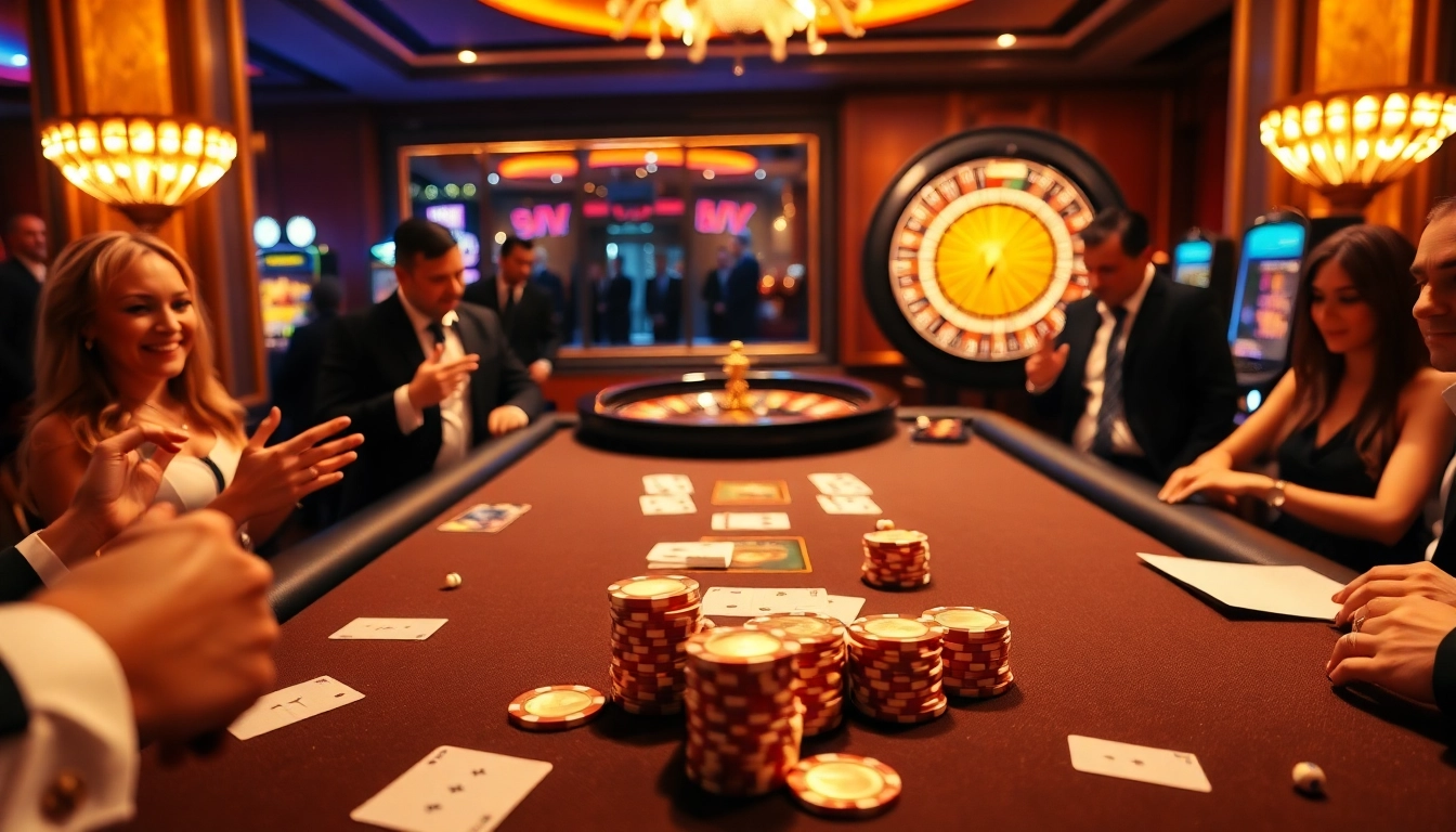 Excited players at 6FF poker table showcasing thrilling casino experience.