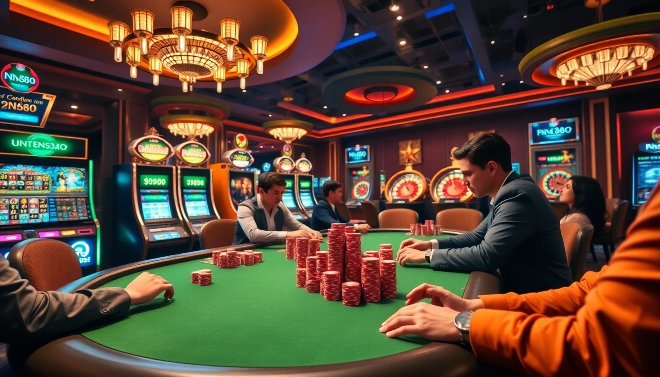 Players engage in a thrilling game at the nn88 poker table with vibrant casino elements.