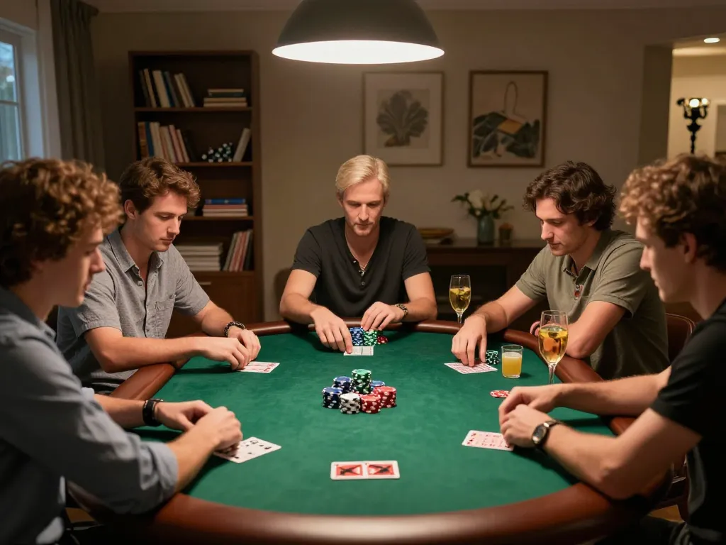 Players engaging in an intense poker game at home, showcasing Nk88's strategic gameplay.