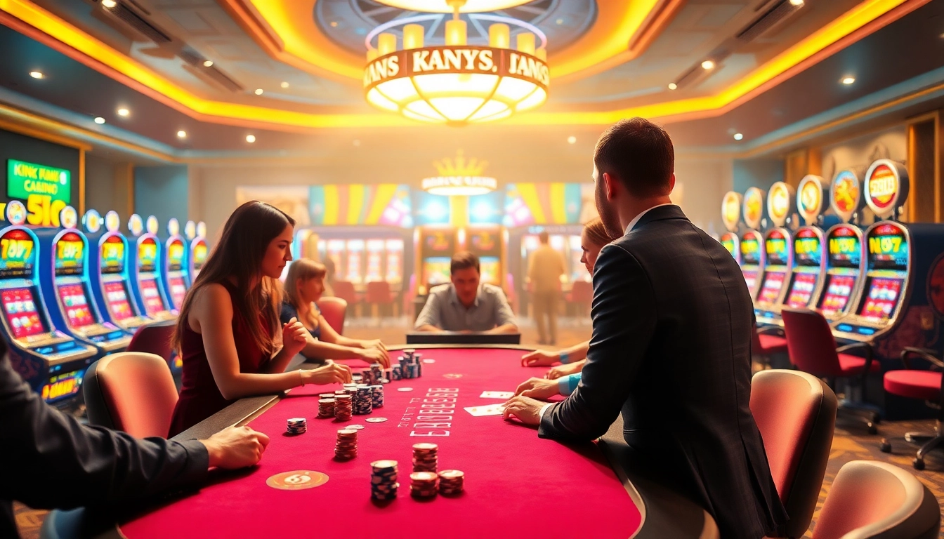 Players enjoying casino games with vibrant poker chips and slot machines at kingfun.rent.