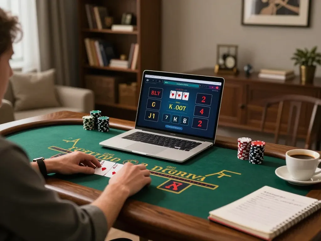 Pemain merencanakan strategi permainan blackjack online di situs sl777 dalam kantor rumah yang nyaman.