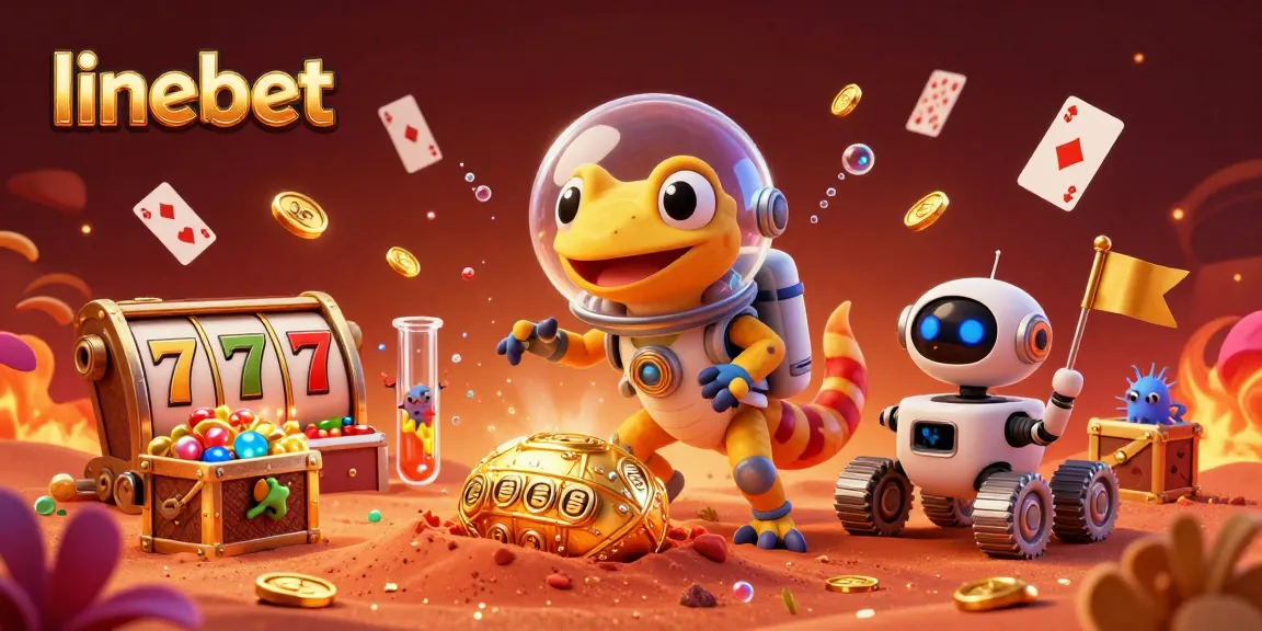 Experience thrilling casino action with linebet's Martian gecko uncovering gold in a vibrant 3D scene.
