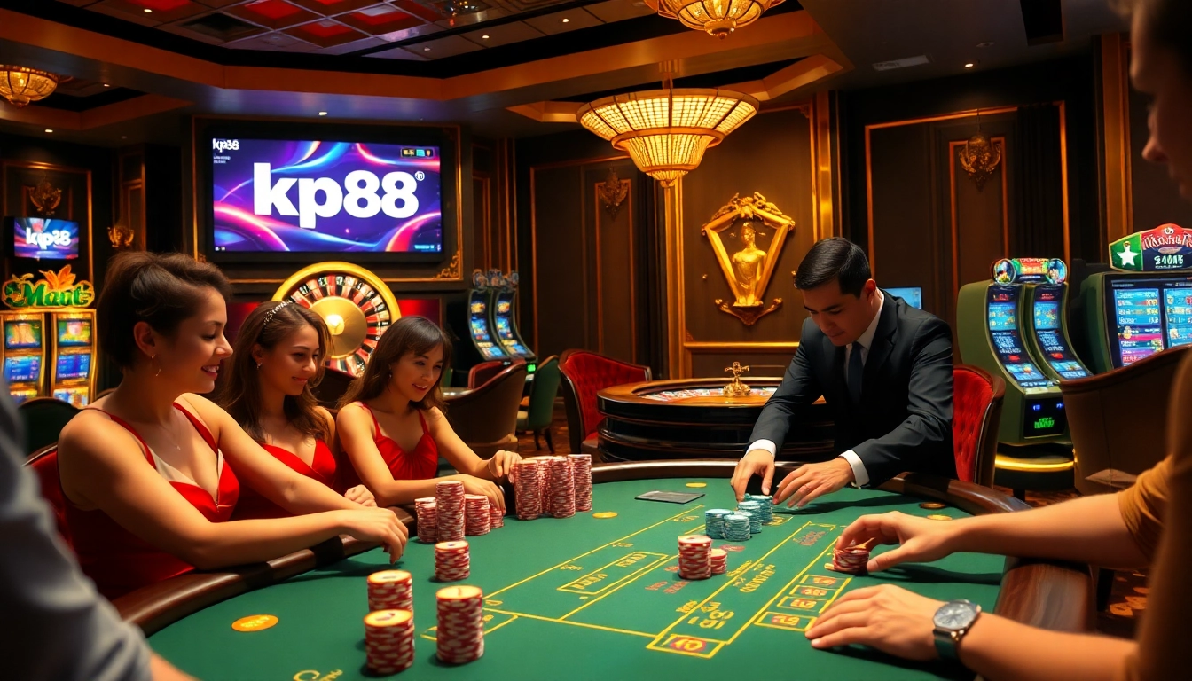 Experience the thrill of gaming at kp88 with vibrant poker tables and exciting chip stacks.