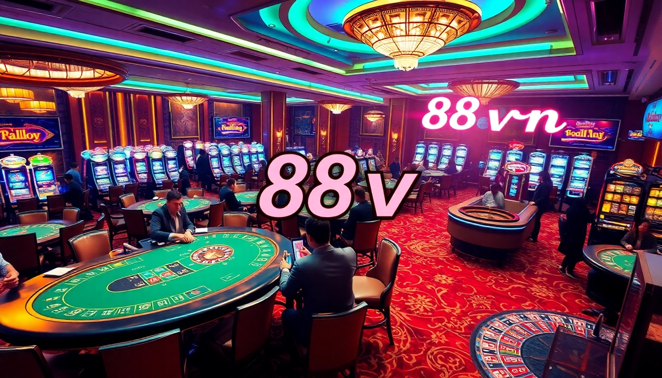 Experience exciting gambling action at 88vn's high-stakes casino with vibrant tables and roulette wheels.