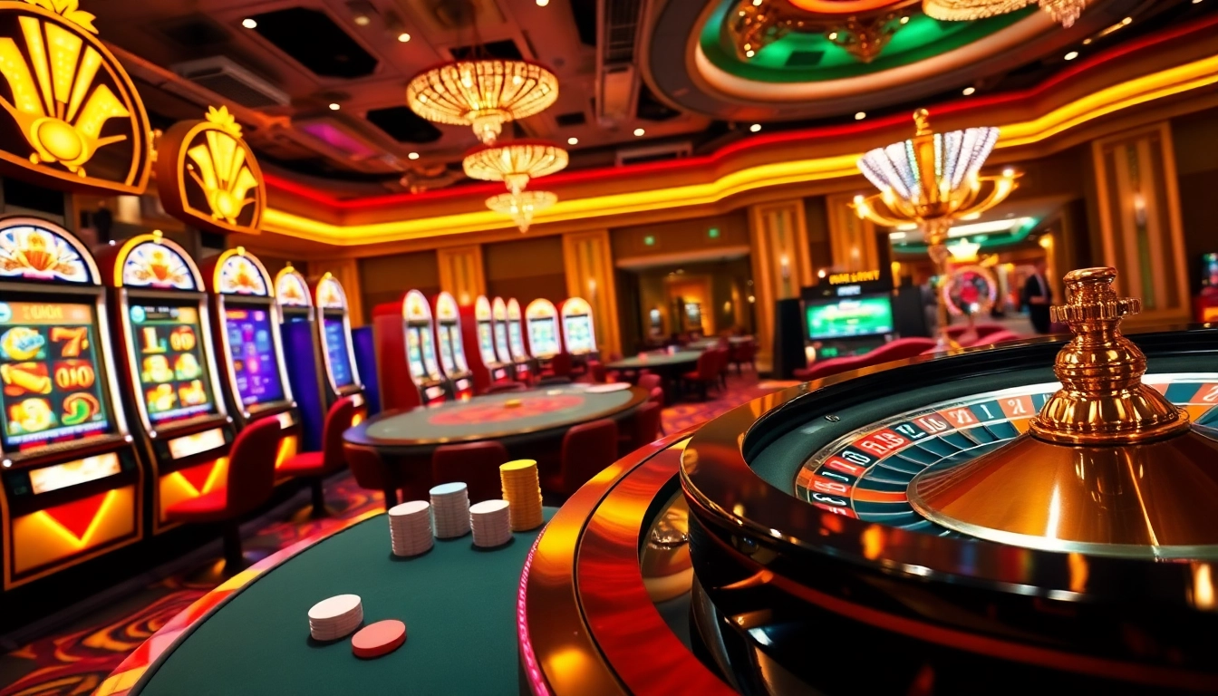Exciting casino scene illustrating vibrant slot machines and poker tables with 7M winning strategies.