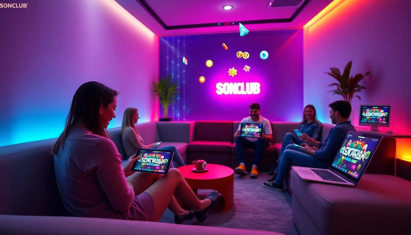 Sonclub gaming environment showcasing diverse players interacting with mobile and desktop devices.