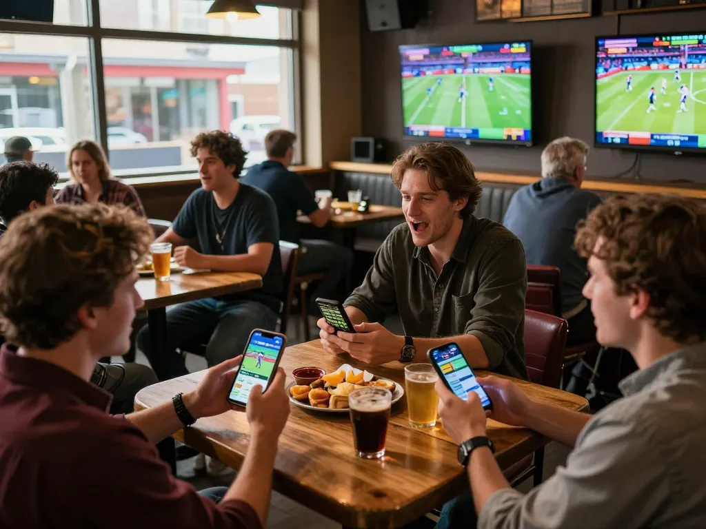 Fans engaging in sports betting excitement at a lively venue, fabet app open on phones.