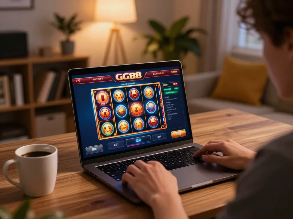 Engaging online gaming session with GG88 interface, cozy home setting showcasing responsible gambling.