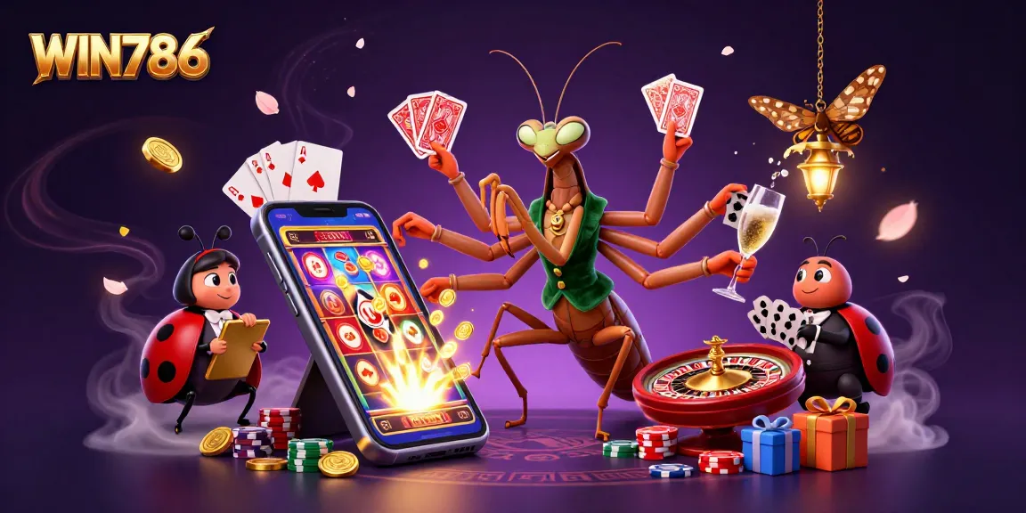 WIN786 showcases a vibrant casino scene with a giant mantis card sharp and immersive gaming elements.