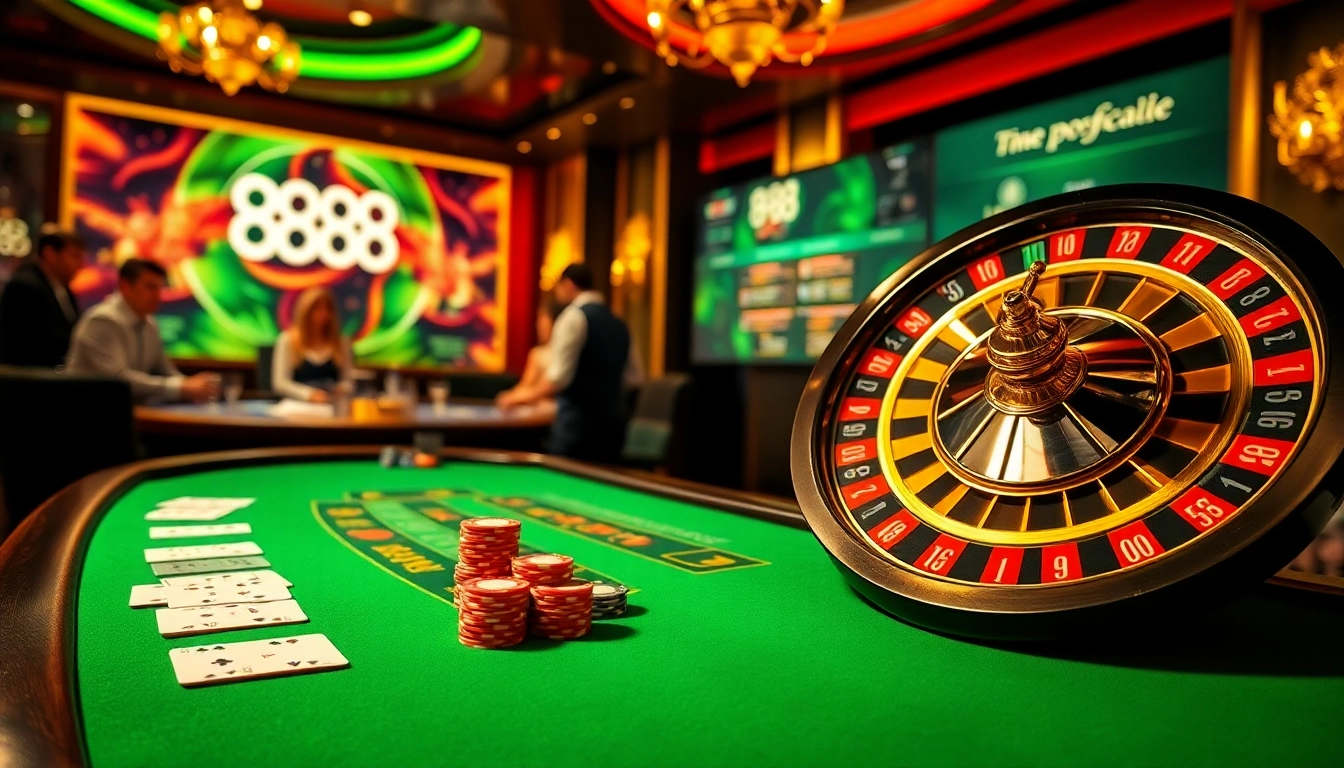 Experience the thrill of gambling at 888new with a lively blackjack and roulette scene.