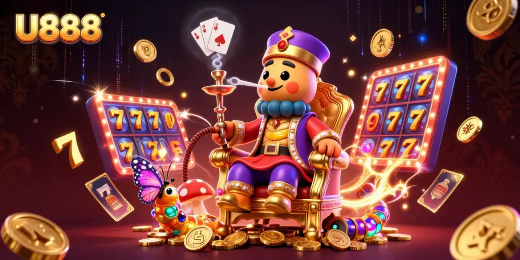 Watch U888 caterpillar emulating poker symbols in a rich casino environment filled with slots and golden jackpot wins.