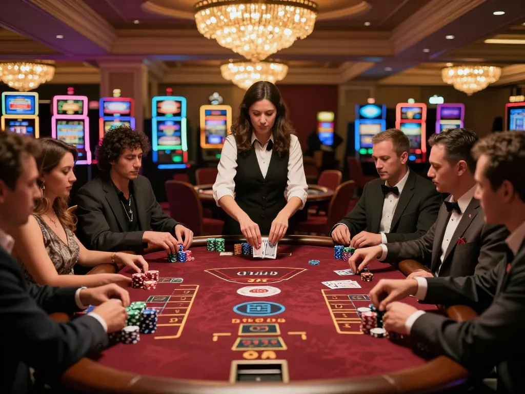 mb66 players engaged at blackjack table with vibrant casino atmosphere and excitement