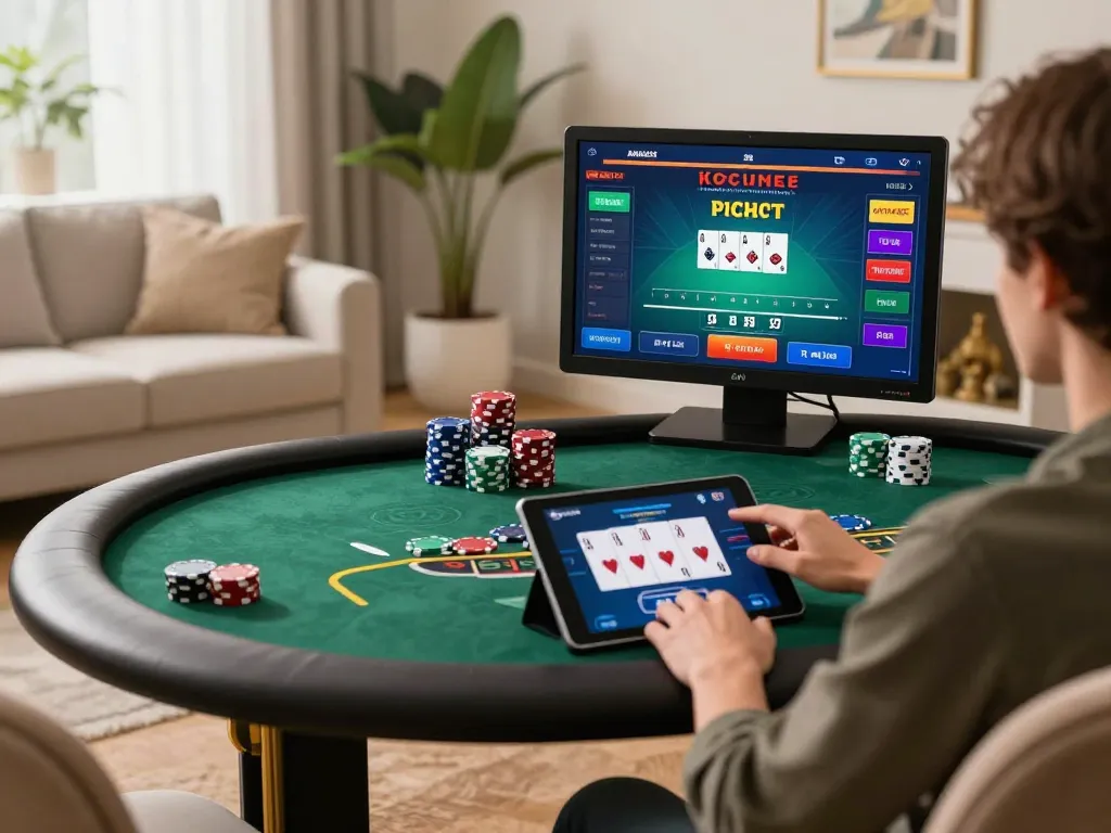 Engaging in sin88 online gaming at home with tablet displaying poker game.