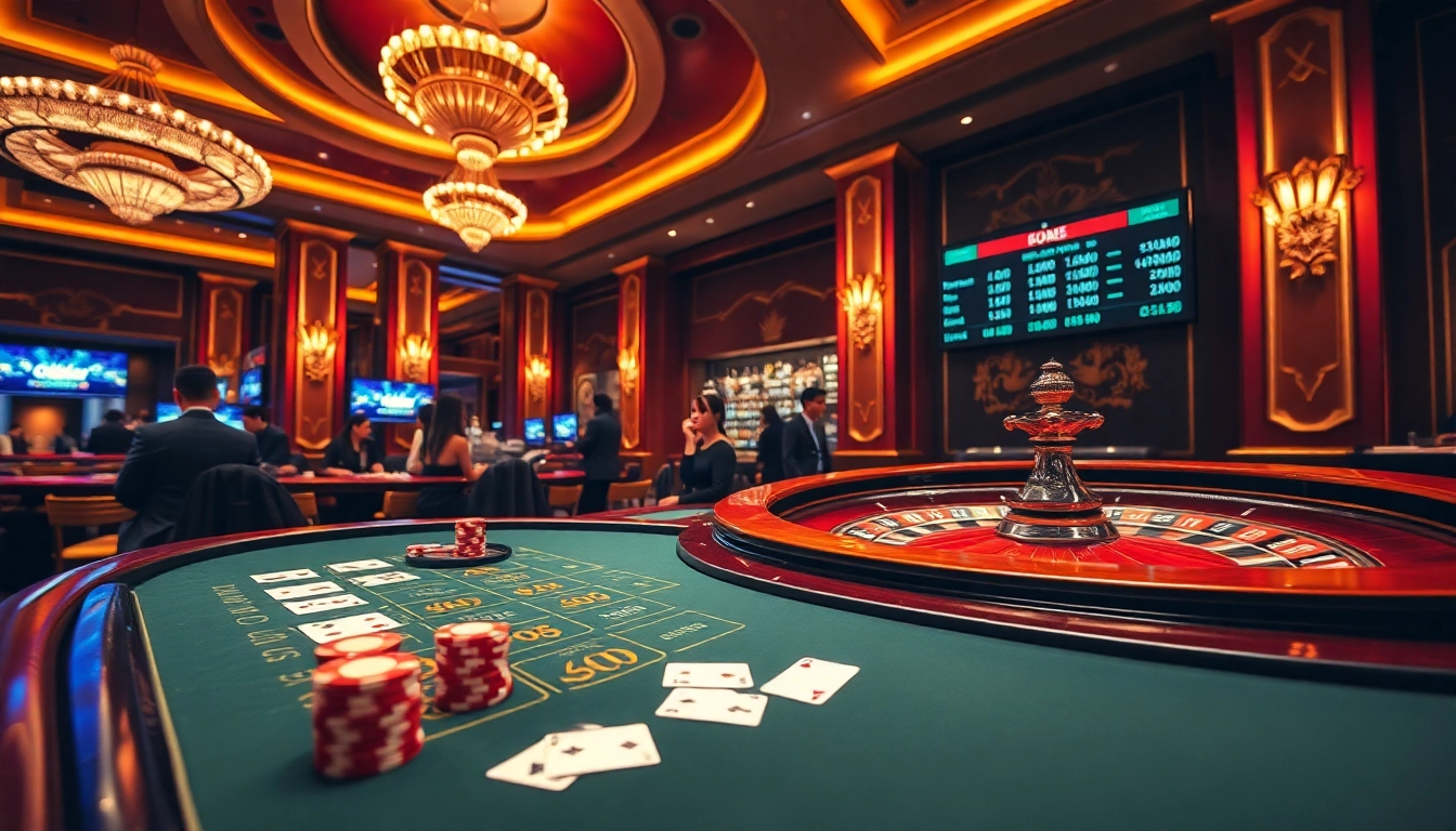 Mocbai casino experience with players at a blackjack table, roulette wheel spinning, showcasing luxurious ambiance.