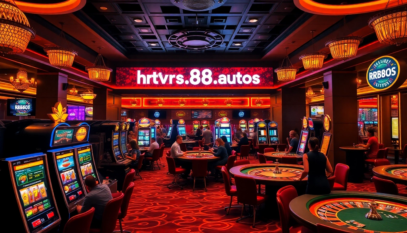An inviting casino scene showcasing players at tables, highlighting the excitement of https://rr88.autos/ with colorful chips and games.
