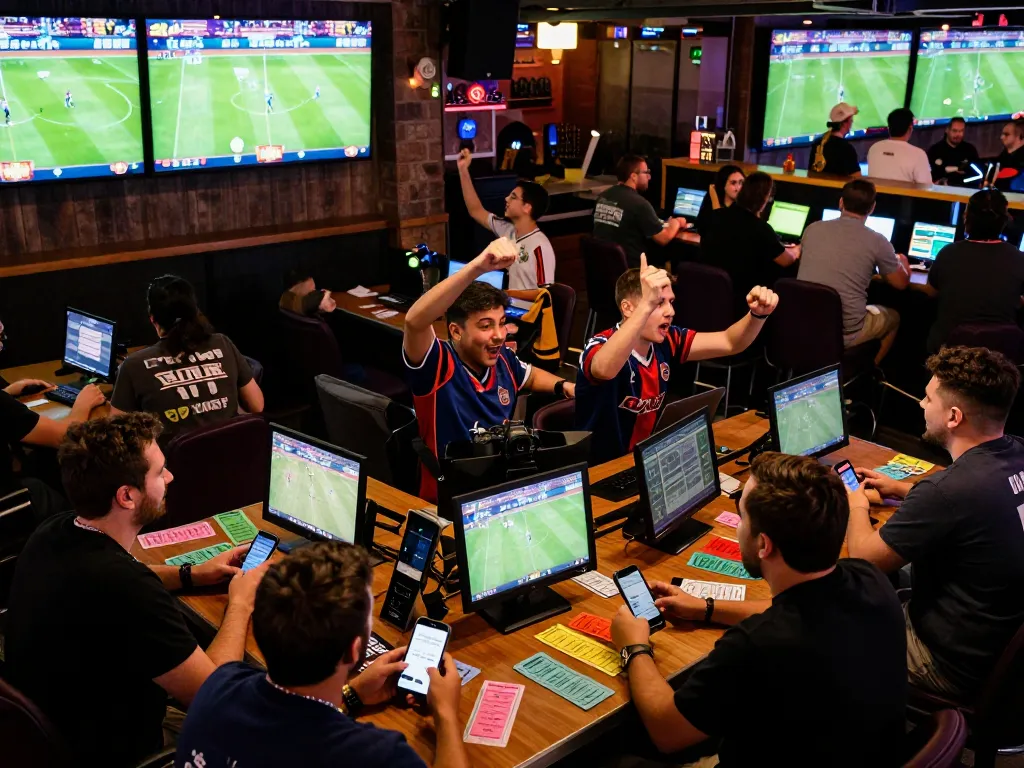 SHBET sports bettors analyzing live odds and cheering during a major match.