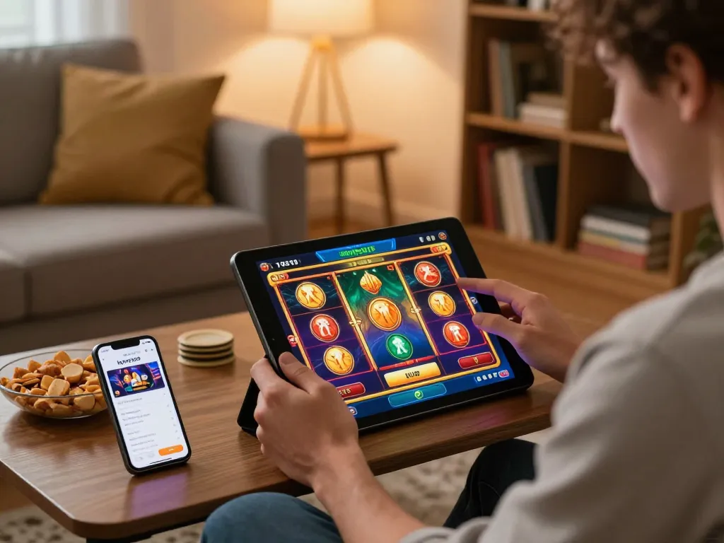 Engaged player enjoying hytw3339 slot game on tablet in cozy living room.