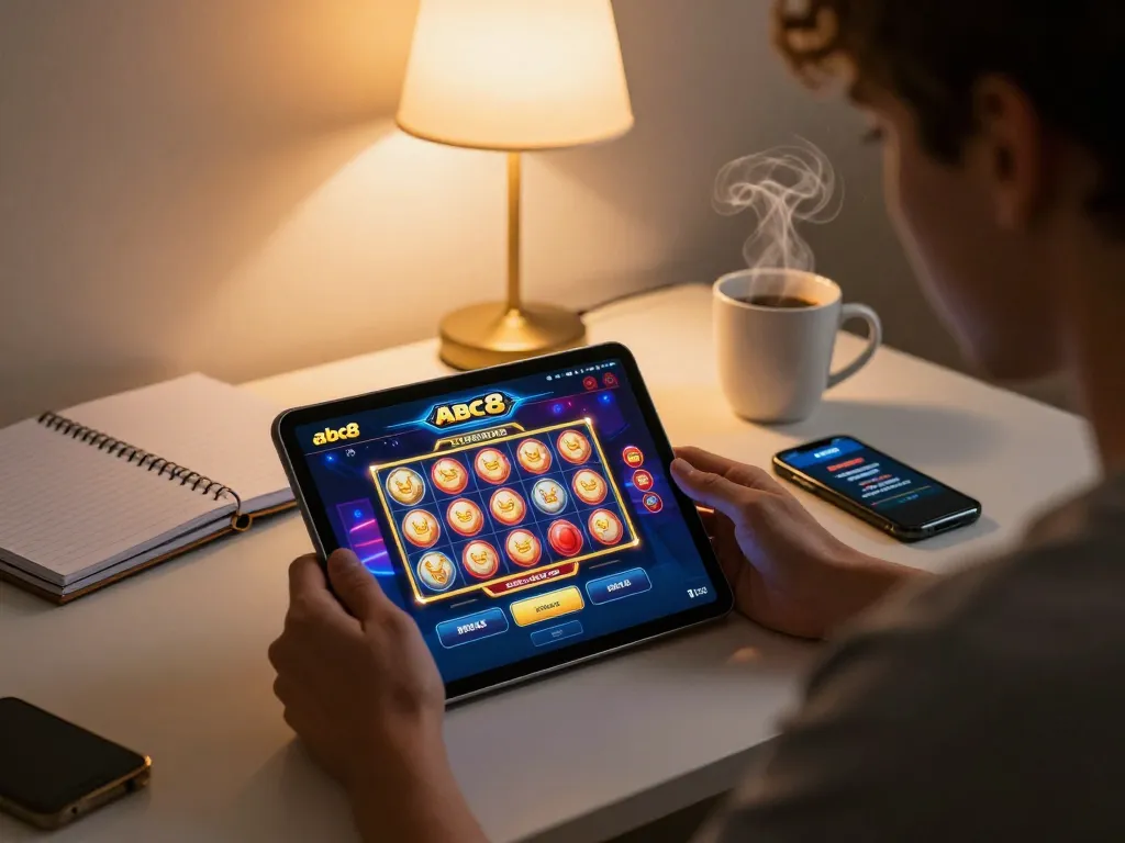 Player engaging with the abc8 casino app on a tablet while strategizing for optimal gaming experience.