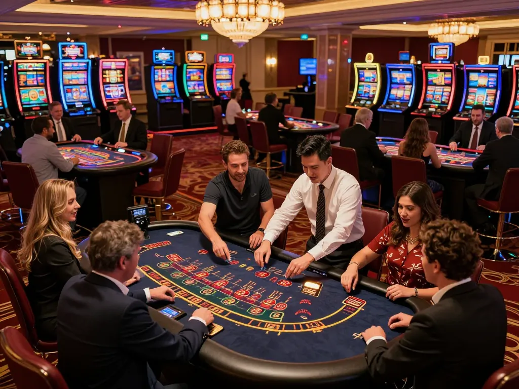 Pucuk138 players enjoying a thrilling moment at a vibrant blackjack table in a luxury casino setting.
