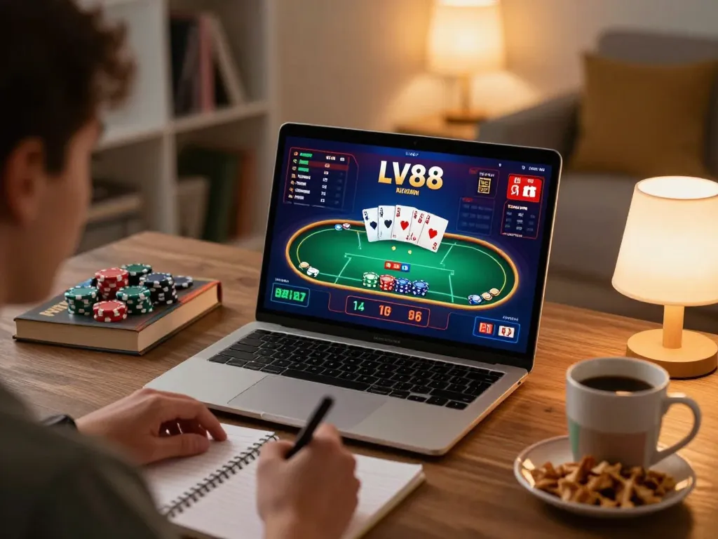 Player engaging with LV88 on laptop for online poker gaming, showcasing strategy and home comfort.