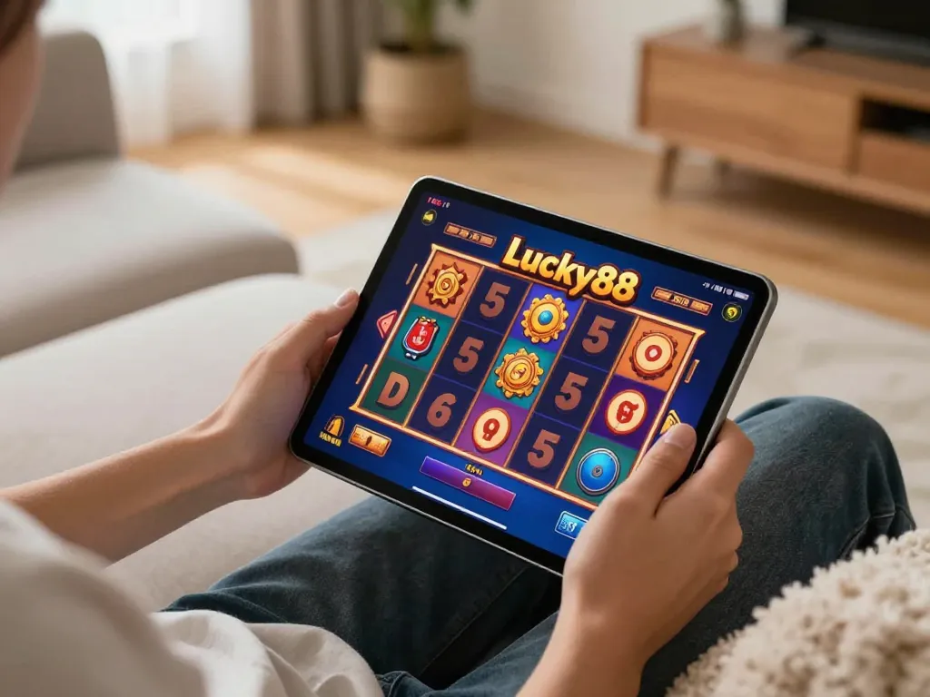 Engaging gameplay of Lucky88 on a tablet in a cozy home setting, highlighting the excitement of online slots.