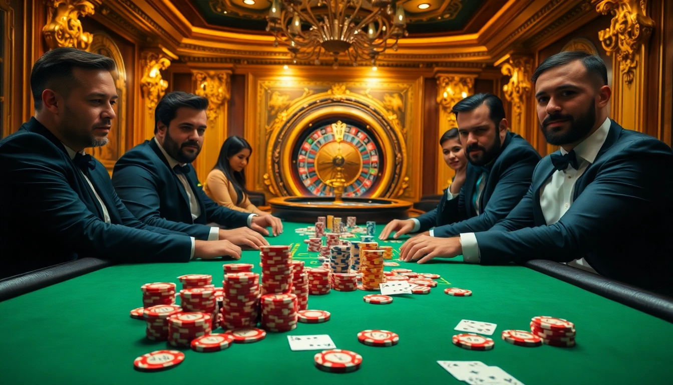 Experience the thrill of okfun at a luxurious casino poker table with vibrant chips and intense players.