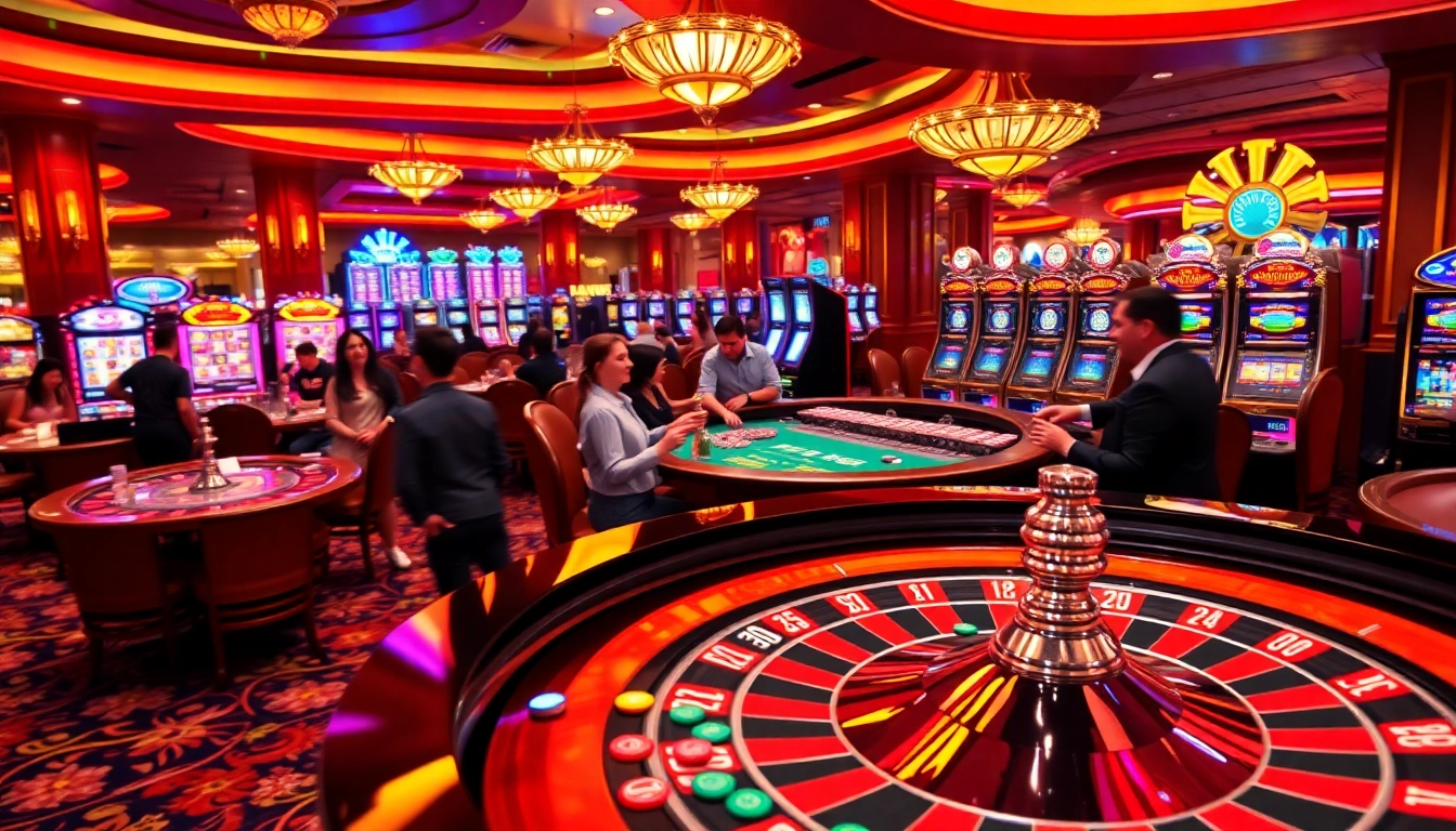 Engaged players enjoying a game at 69vn casino, featuring roulette and slot machines.