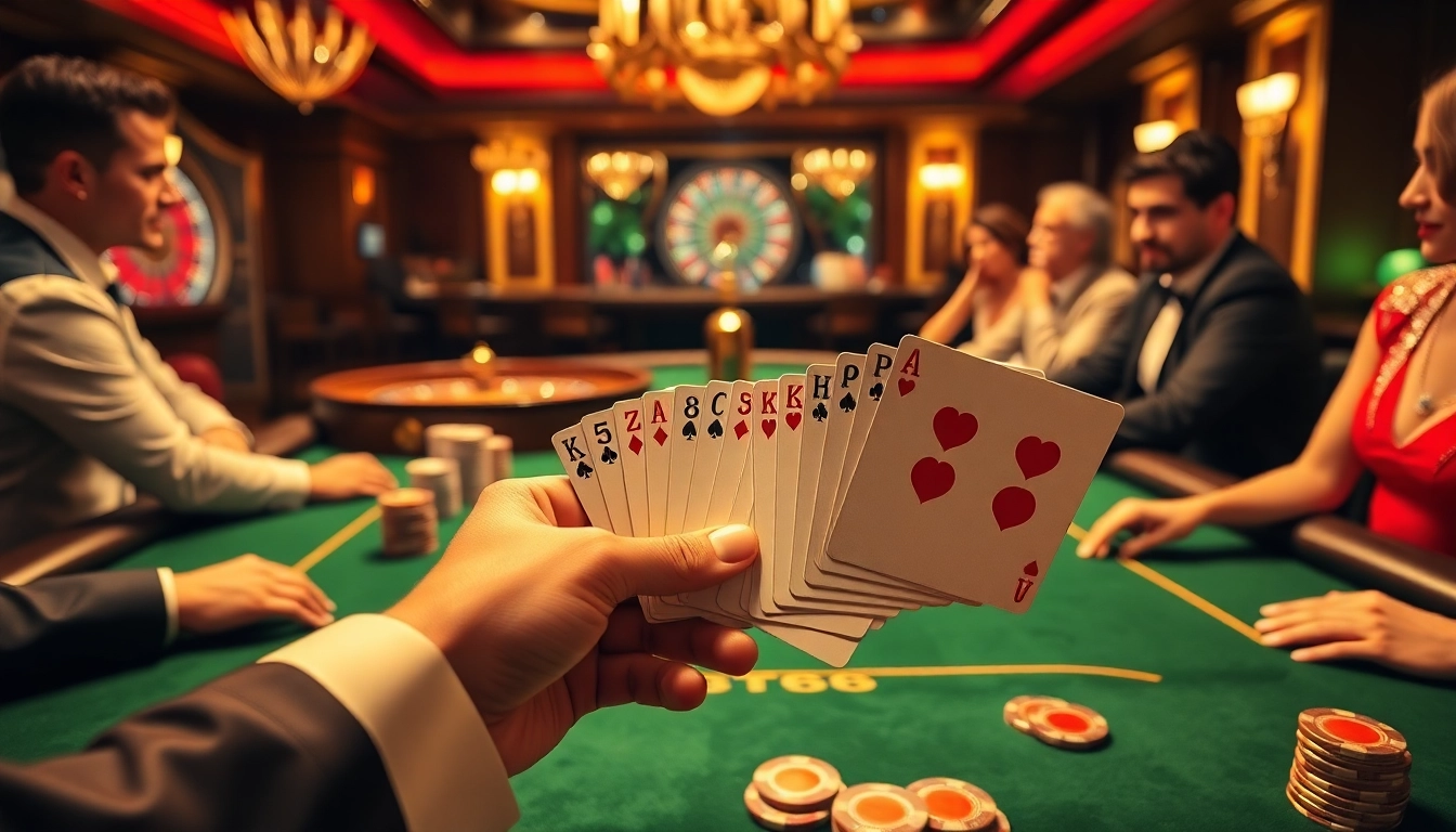 Engage in thrilling poker gameplay featuring BDTK66 at a luxurious casino table.