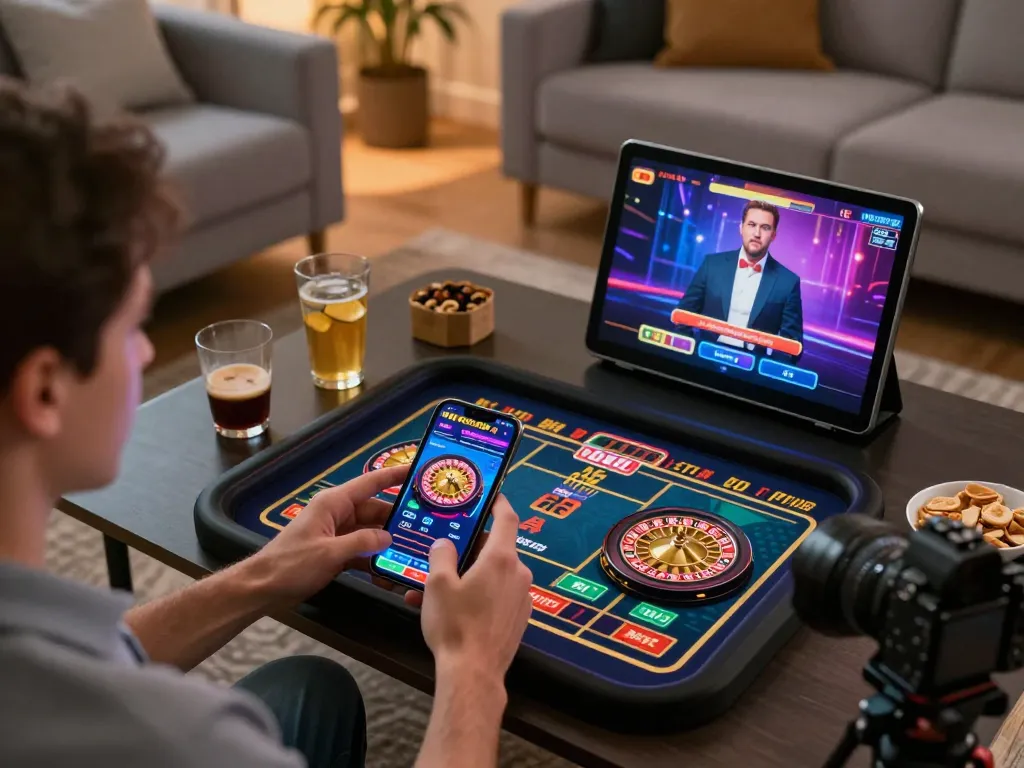 Engaging with hitclub mobile app showcasing live dealer game, modern smartphone setup in home