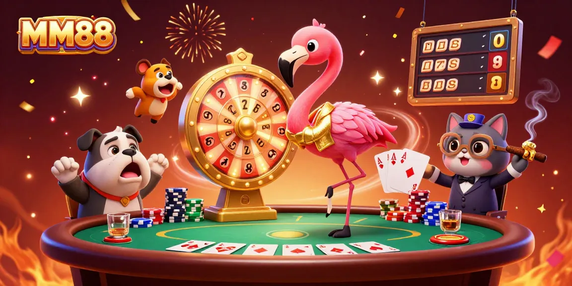 Experience the excitement of MM88's gaming scene with a colorful 3D illustration featuring a flamingo host, bulldog contestant, and prize wheel.