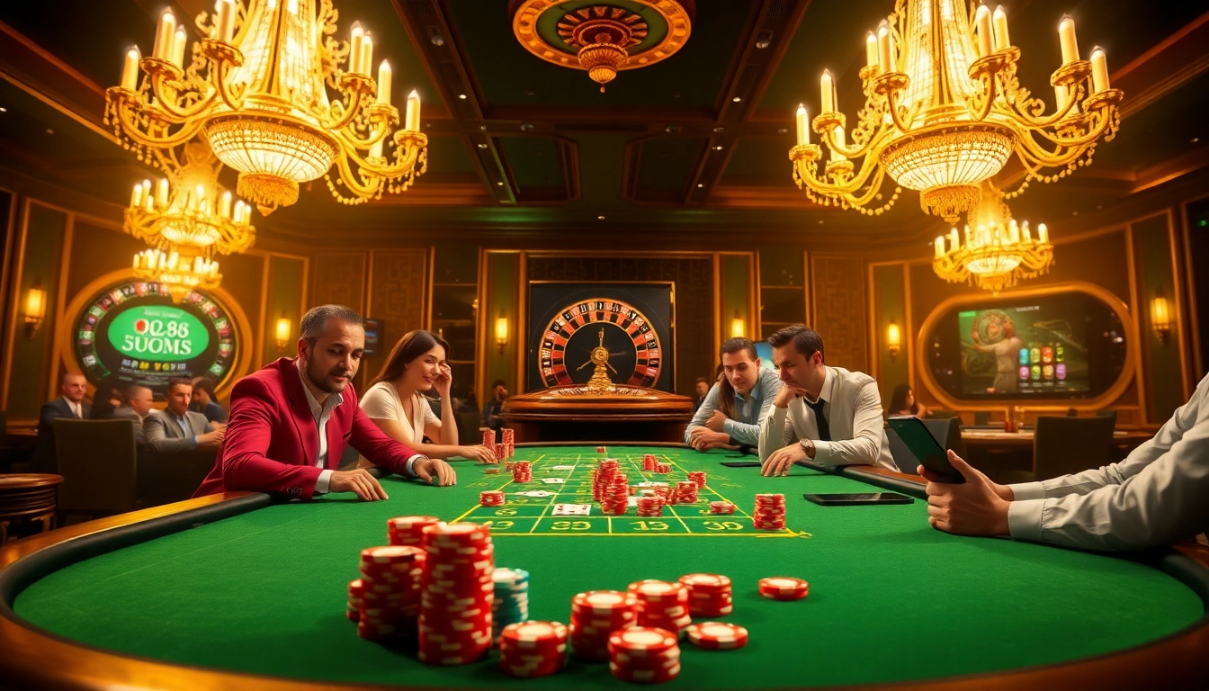 Exciting QQ88 gaming table scene with poker players, chips, and vibrant casino atmosphere.