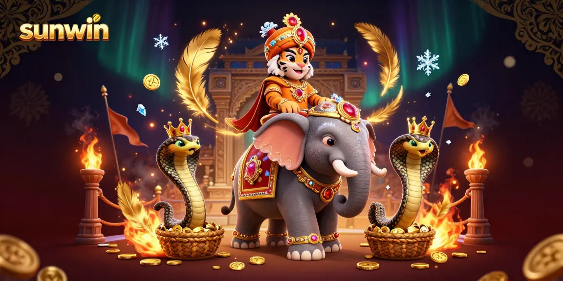 Experience the excitement at sunwin with a vibrant 3D casino scene featuring a majestic maharaja and elephant.