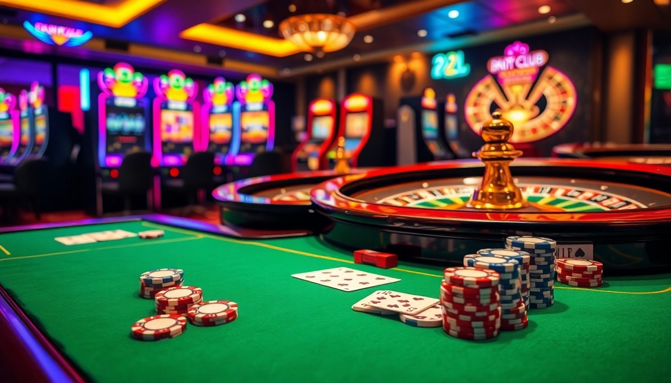 An exciting casino scene showcasing the vibrant atmosphere of the 22jl club with poker chips, cards, and a roulette wheel.