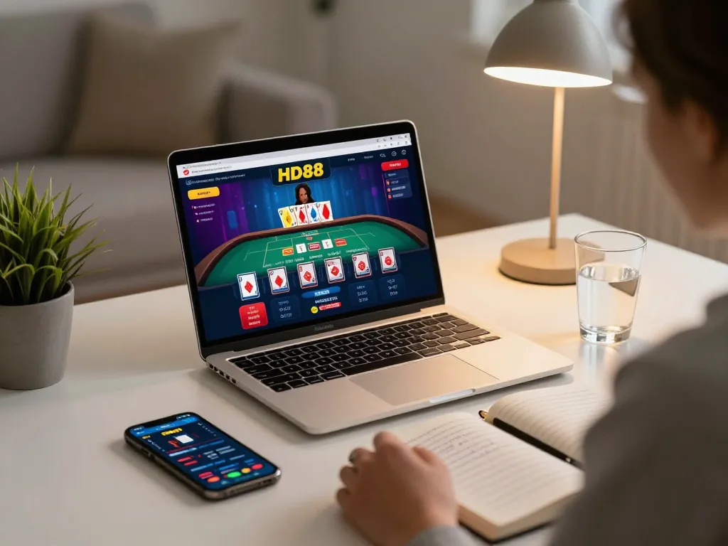 Engaging HD88 online casino gameplay setup showcasing strategic betting on a laptop in a cozy home environment.