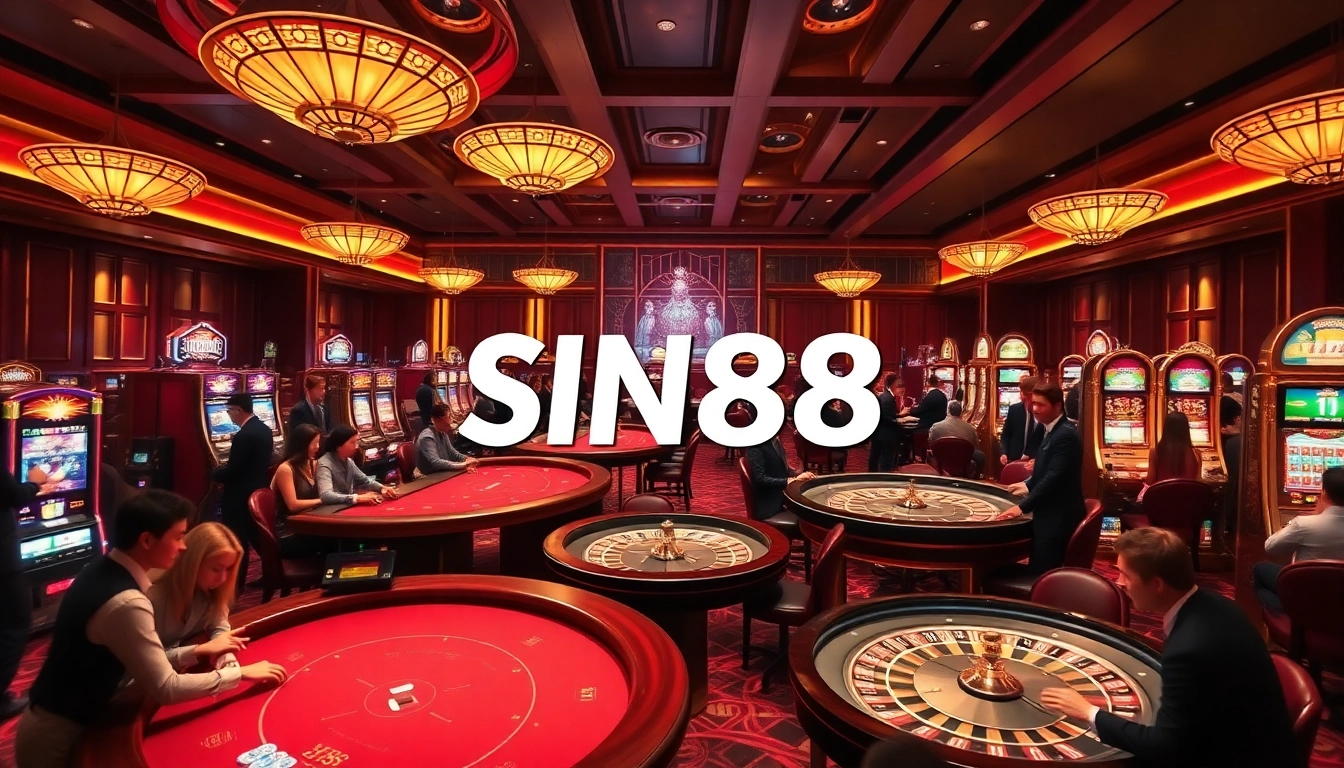 SIN88 casino scene featuring luxurious tables, poker chips, and engaged players.