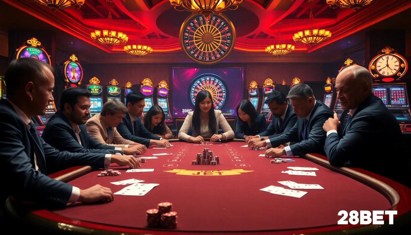 High-stakes poker action at 28BET casino showcasing excitement and luxury gameplay.