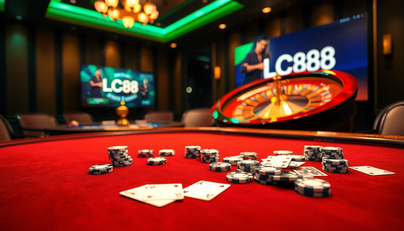 Experience the luxury gaming atmosphere at LC88 with poker chips, cards, and roulette wheels.