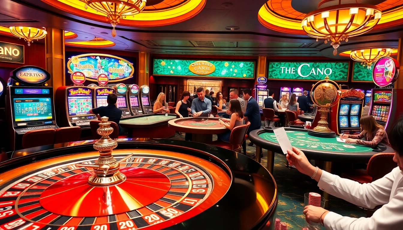 Gambling excitement at a luxurious casino environment inspired by https://tg88link.com/ showcasing roulette and slot machines.