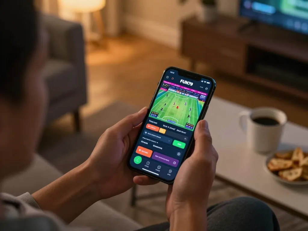 Engaged player exploring betting options on FUN79's app in a cozy setting