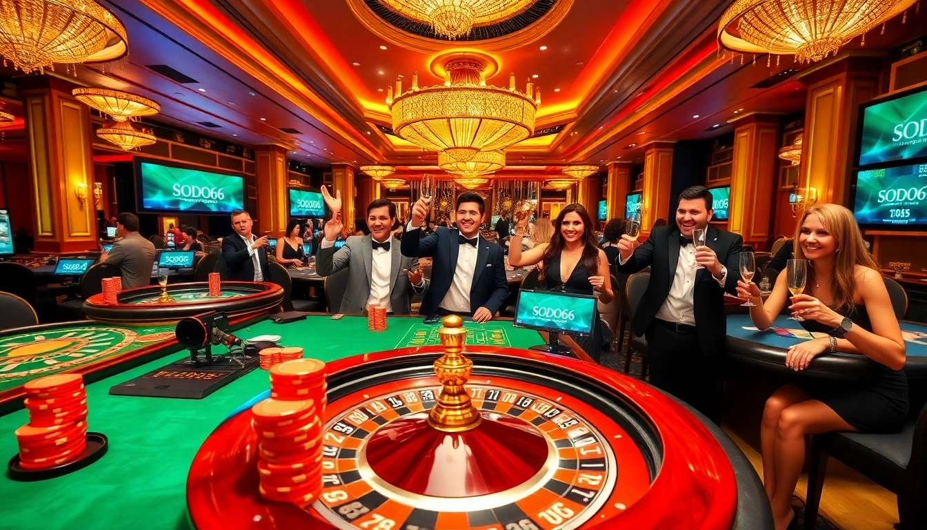 Players enjoying SODO66 casino games at high-stakes tables in a vibrant atmosphere.