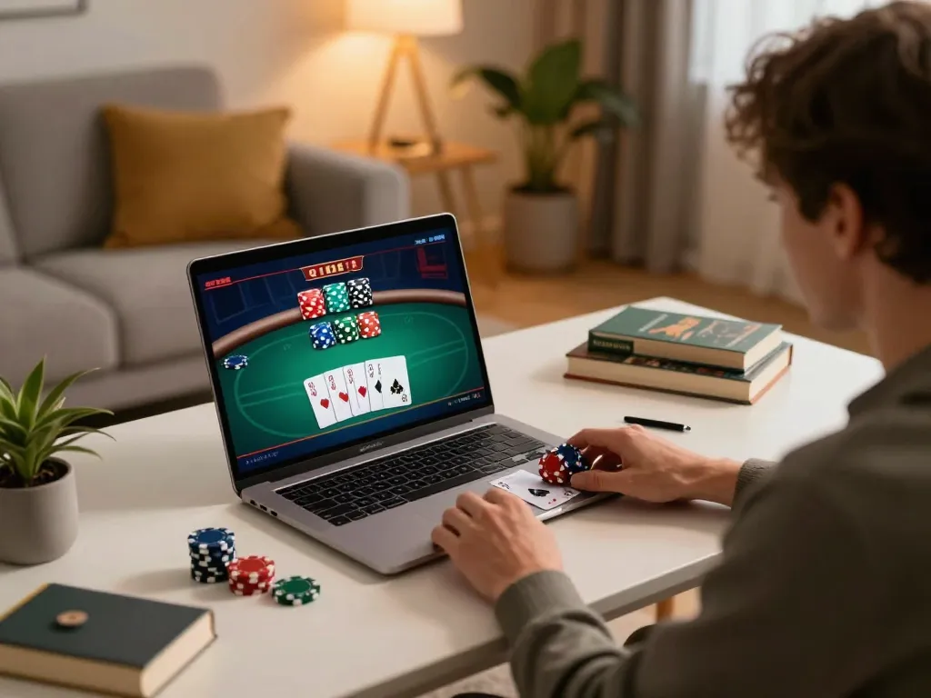 Engaged player using https://nk88.actor/ for online poker in a cozy home setting, showcasing strategic gaming.