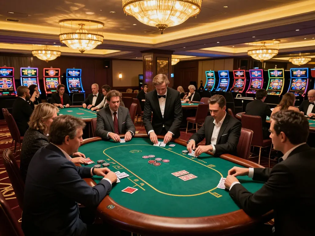 KJC poker room showcasing players intensely engaged in gameplay under sophisticated lighting.