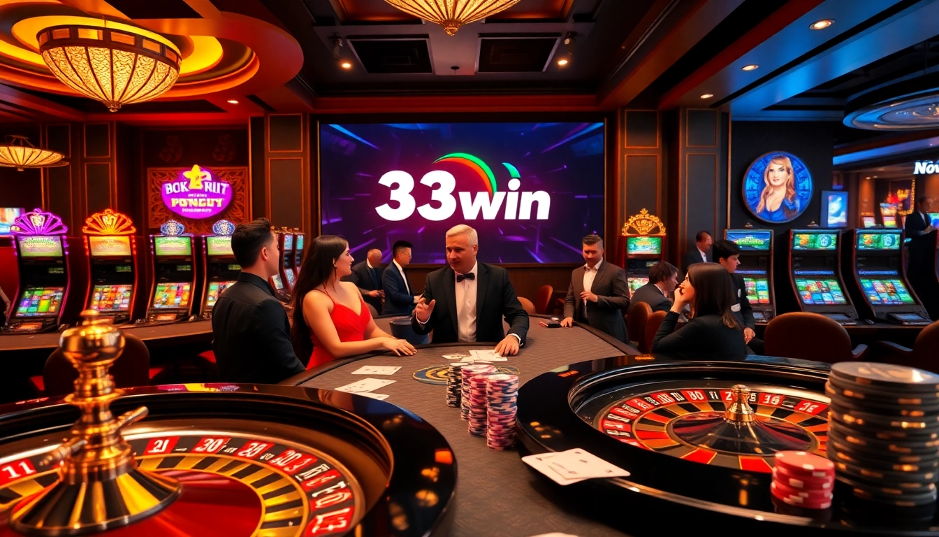 Experience the excitement of 33win at a lively casino table with poker chips and roulette.