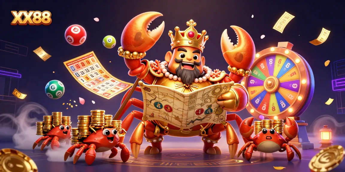 Get ready to win with XX88 in this lively casino-themed illustration featuring a golden crab emperor.