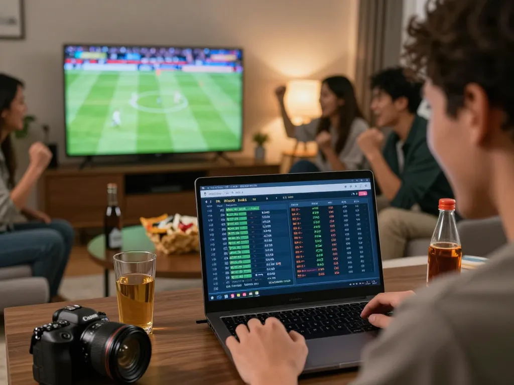 Person analyzing kèo nhà cái odds during a live football match at home, engaged and excited